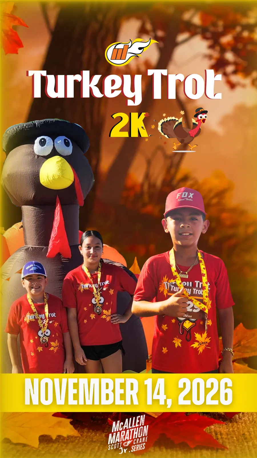 Three children wearing Turkey Trot t-shirts and medals smile at the camera, with a large inflatable turkey and autumn foliage in the background. The date November 14, 2026 is displayed prominently.
