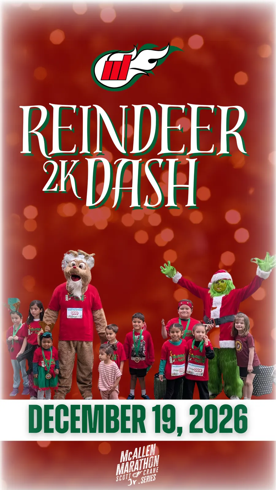 Children and mascots dressed in festive attire, including a reindeer and Santa Claus, pose for the 'Reindeer 2K Dash' race on December 19, 2026.