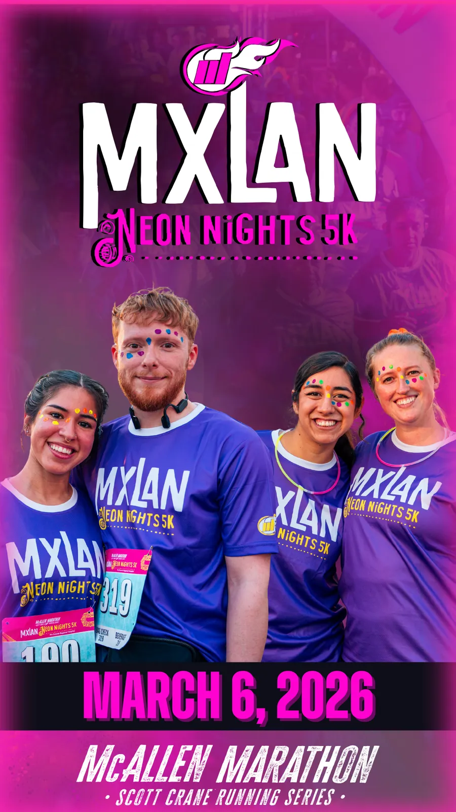 Four smiling participants wearing purple MXLAN Neon Nights 5K shirts, with neon face paint, pose for a photo. The race date and name are prominently displayed.