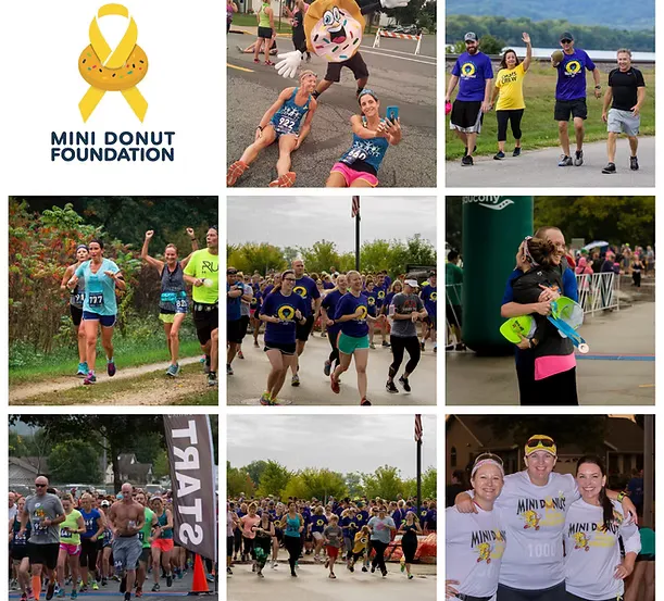 Collage of photos showing runners participating in the Mini Donut Marathon and 5K, including start lines, groups of runners, and celebratory moments.