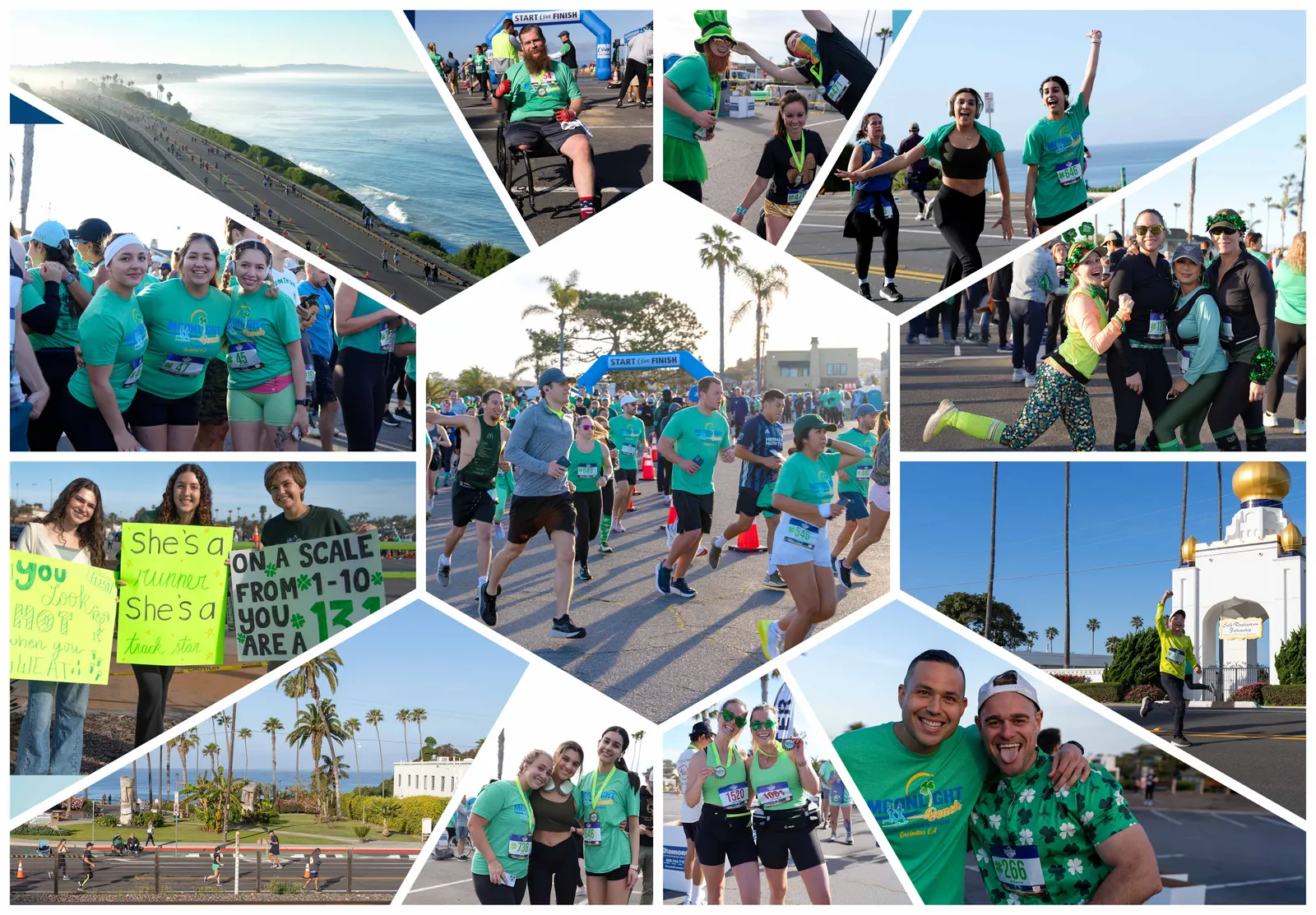 Collage of runners celebrating and crossing the finish line at the Moonlight Beach Half Marathon and 5K.