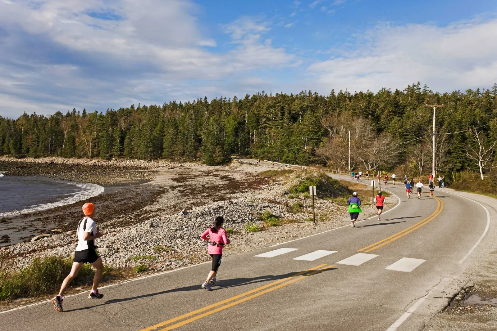 Runners on a scenic coastal road with trees and a rocky beach.