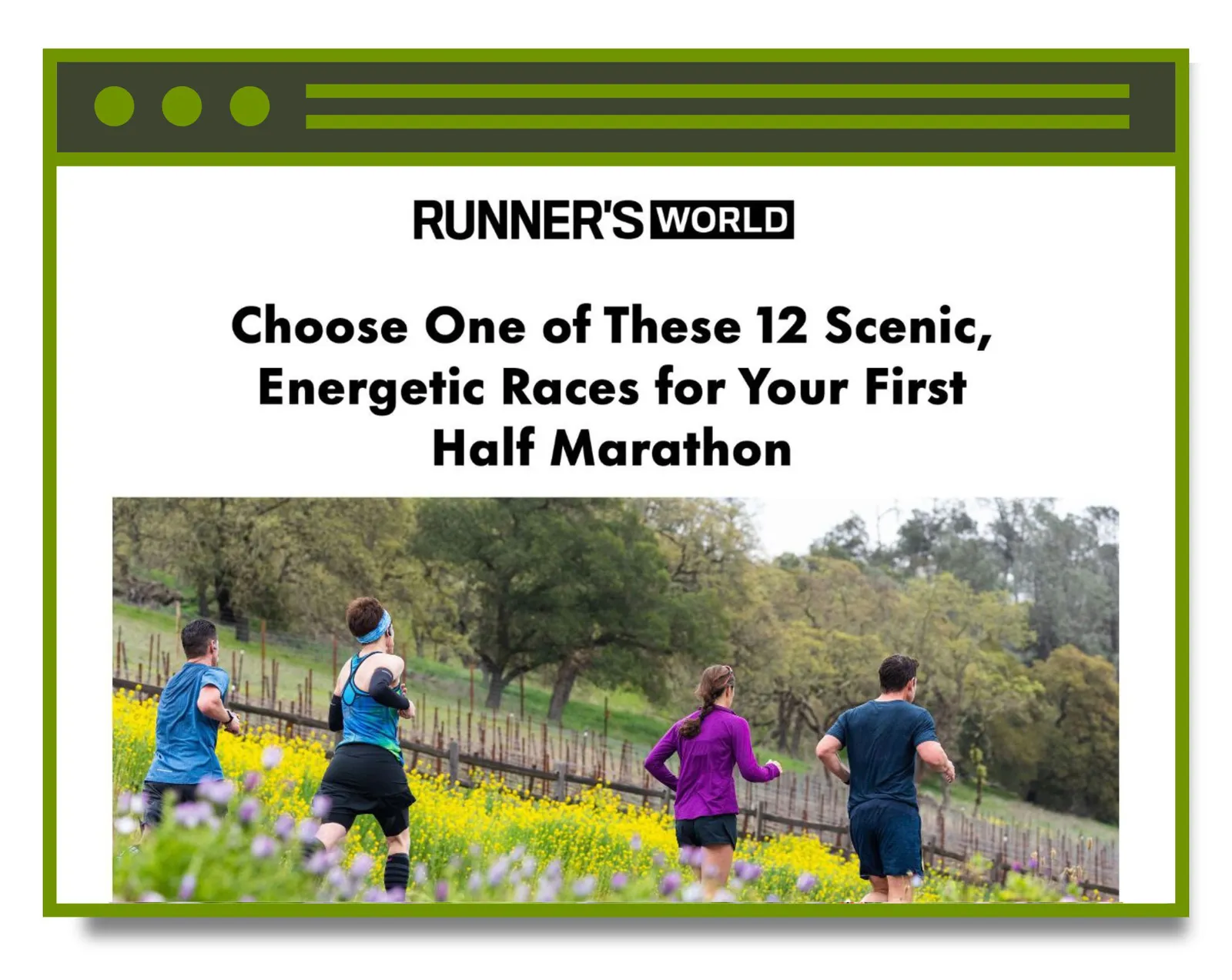 Runners on a scenic course with yellow flowers in the foreground.