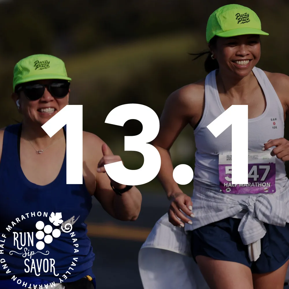 Two women running a half marathon, with a large '13.1' overlay and race logos.