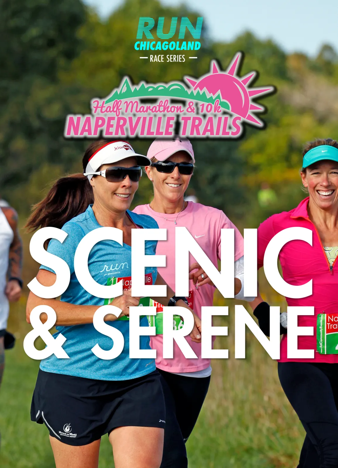 Three women running a race, with large white text overlay reading 'SCENIC & SERENE'.