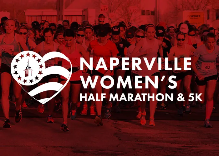 A large group of women runners at the start line of the Naperville Women's Half Marathon & 5K, with race branding overlaid.