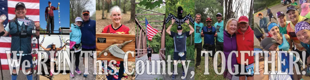 Collage of runners celebrating and posing with medals and American flags, with the text 'We RUN This Country, TOGETHER!' overlayed.