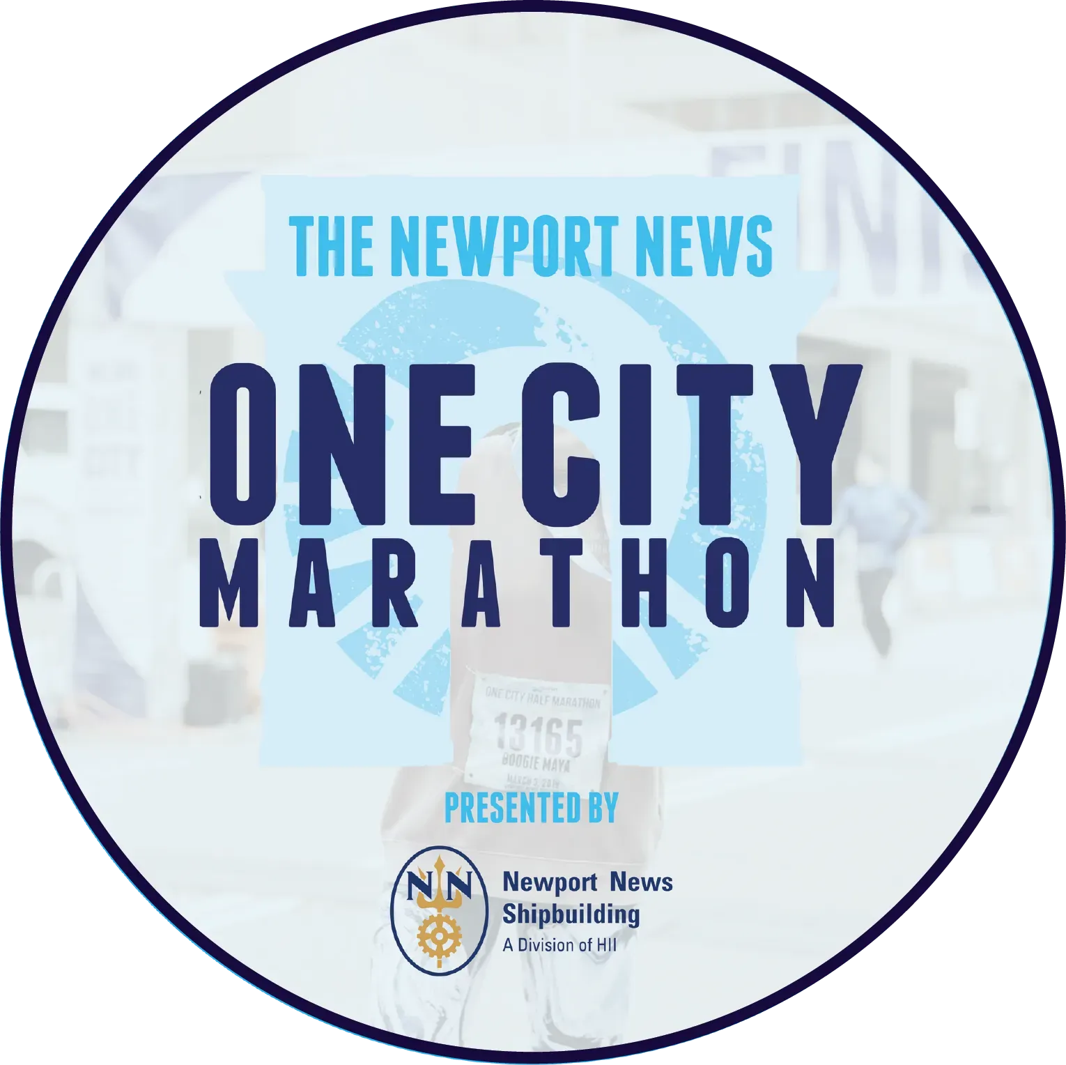 Runner at the start line of the Newport News One City Marathon, with race branding and sponsor information.