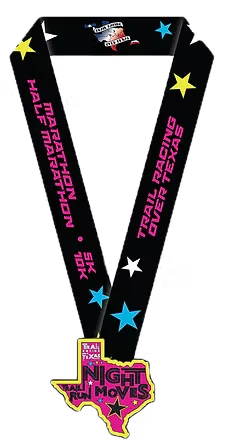 Night Moves Trail Run Texas medal in the shape of Texas, with stars and text indicating Half Marathon and Trail Racing Over Texas.