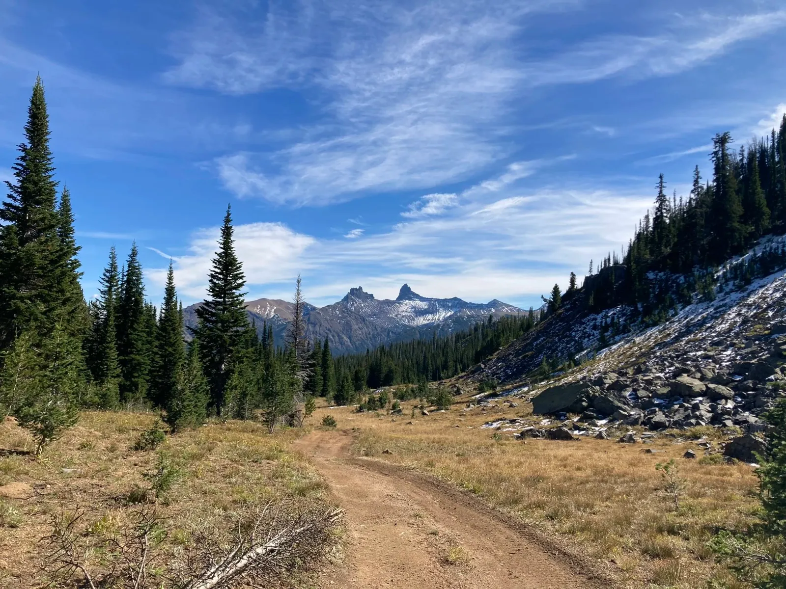 A dirt road winds through a scenic mountain landscape with pine forests and snow-capped peaks under a blue sky with wispy clouds.