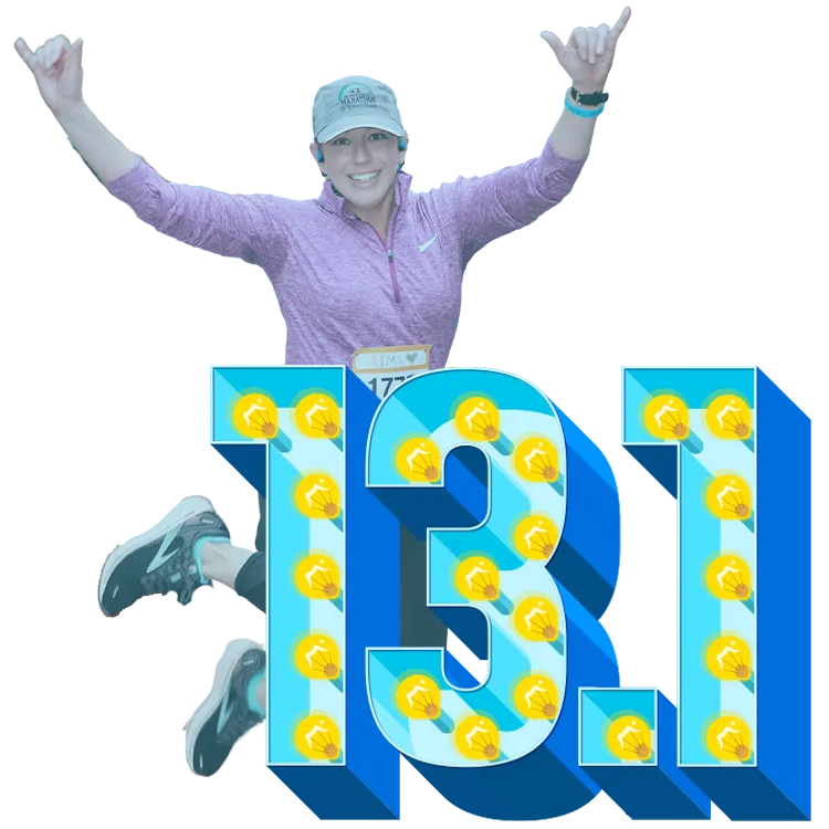 A runner with arms raised in celebration in front of a large blue '13.1' graphic with lightbulbs.