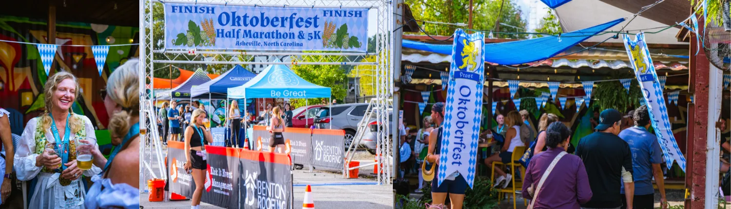 People celebrating at the finish line of the Oktoberfest Half Marathon & 5K in Asheville, North Carolina.