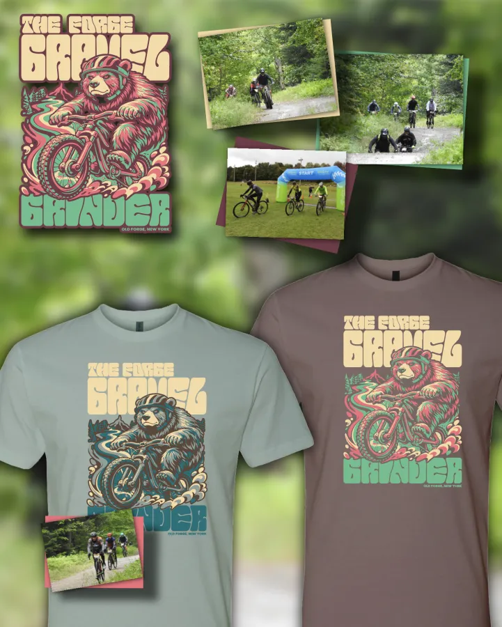 Runners on a trail during a race, with graphics of t-shirts and a bear on a bike.