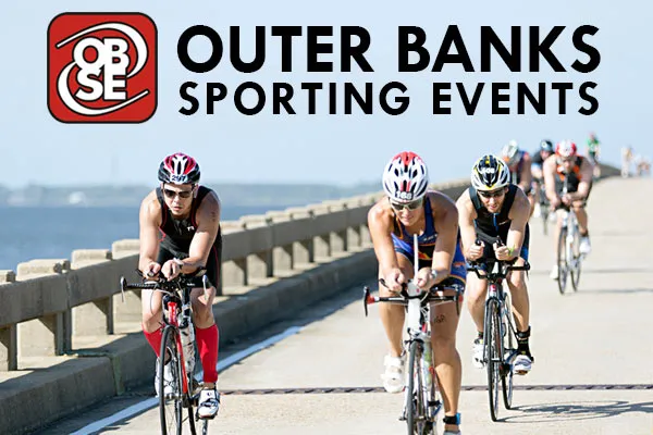 Cyclists racing on a bridge over water with the Outer Banks Sporting Events logo and text overlay.