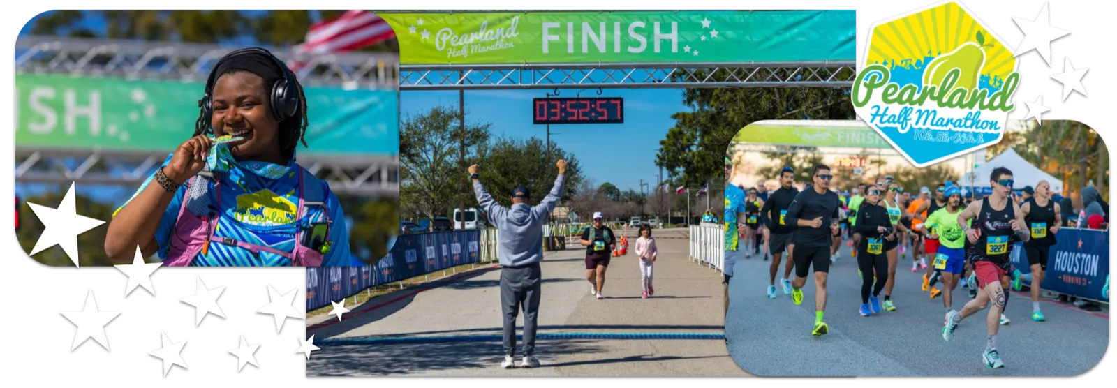Runners celebrating and crossing the finish line at the Pearland Half Marathon.