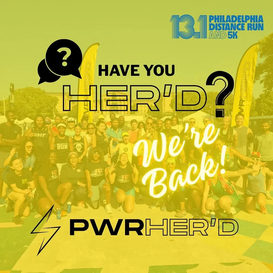 A large group of smiling runners, mostly women, pose for a photo with "HAVE YOU HER'D? We're Back! PWRHER'D" text overlay.