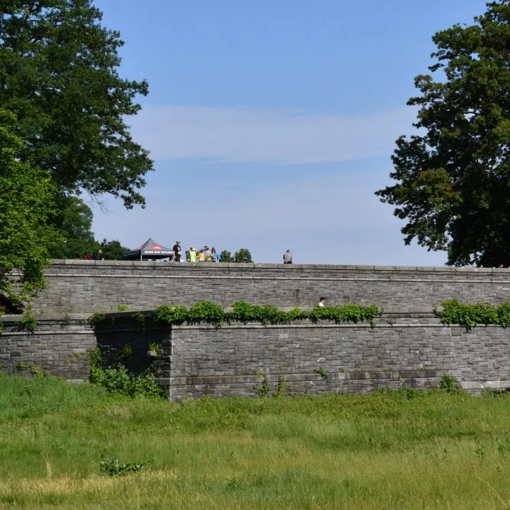 People gathered on a stone wall with trees and a blue sky in the background.