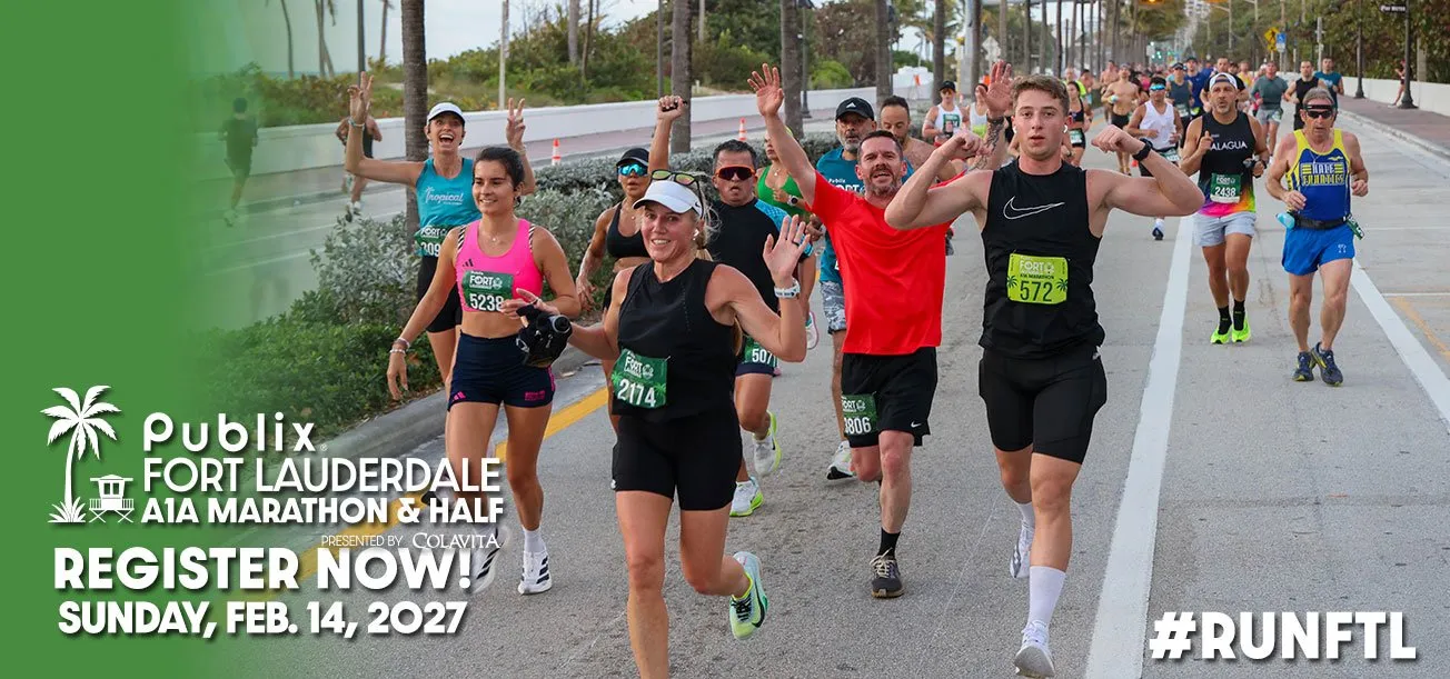 Runners celebrating during the Publix Fort Lauderdale A1A Marathon & Half Marathon, with race details and registration information overlaid.