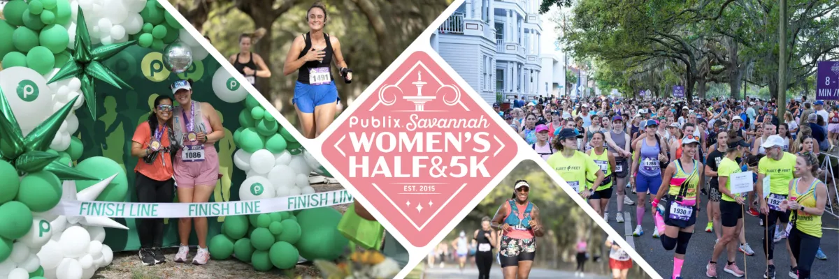 Collage of women running in the Publix Savannah Women's Half & 5K, with finish line celebrations and a large crowd at the start.