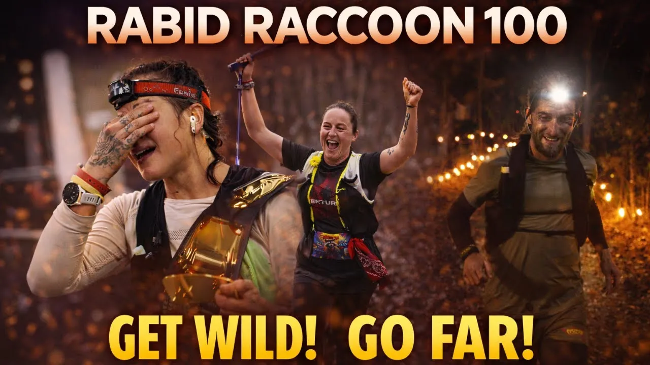 Three runners in a nighttime trail race, two celebrating and one looking exhausted but triumphant, with the race name 'RABID RACCOON 100' and slogan 'GET WILD! GO FAR!' overlaid.