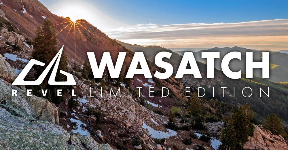 The Wasatch mountains at sunrise with the Revel Wasatch Limited Edition logo and text overlay.