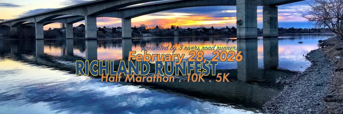 Richland Runfest Half Marathon, 10K, 5K race banner featuring a scenic waterfront view with a bridge at sunset.