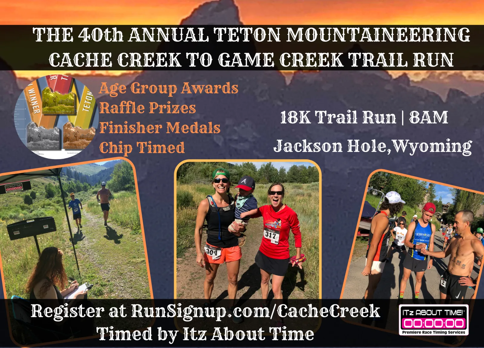 Collage of images from the Teton Mountaineering Cache Creek to Game Creek Trail Run, featuring runners, finisher medals, and the Jackson Hole, Wyoming location.