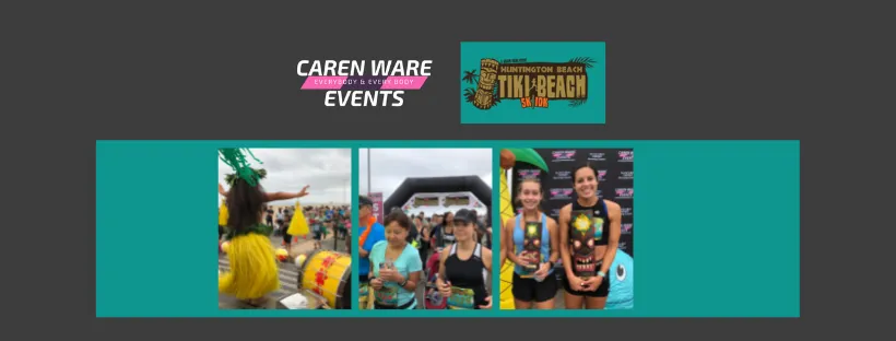 A collage of images from a race event, including a hula dancer, runners at a start line, and two women holding medals and trophies.