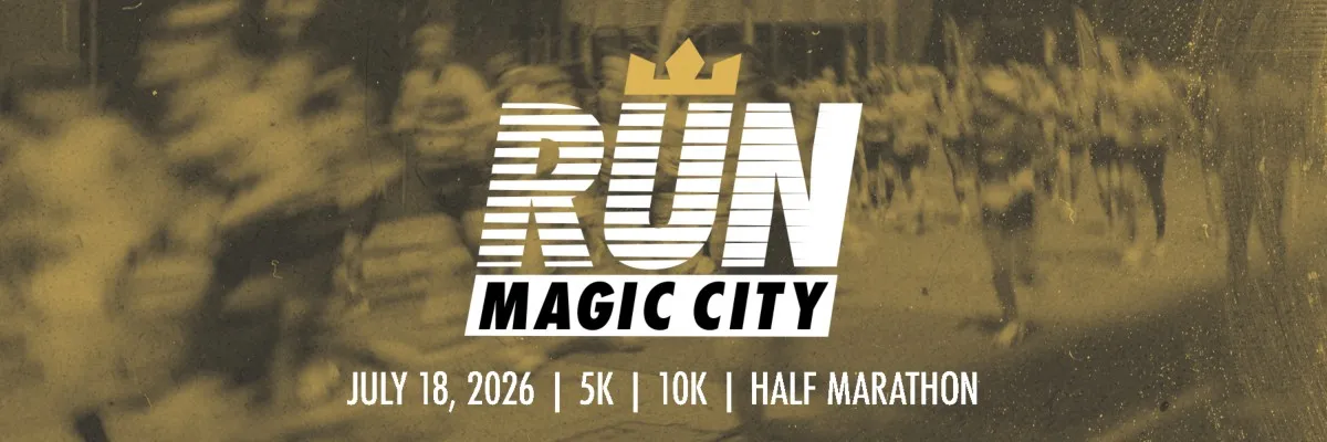Run Magic City race banner with runners in the background and race details.