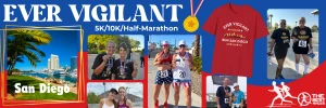Collage of images for the Ever Vigilant 5K/10K/Half-Marathon in San Diego, featuring runners with medals, race t-shirts, and scenic views of the city.