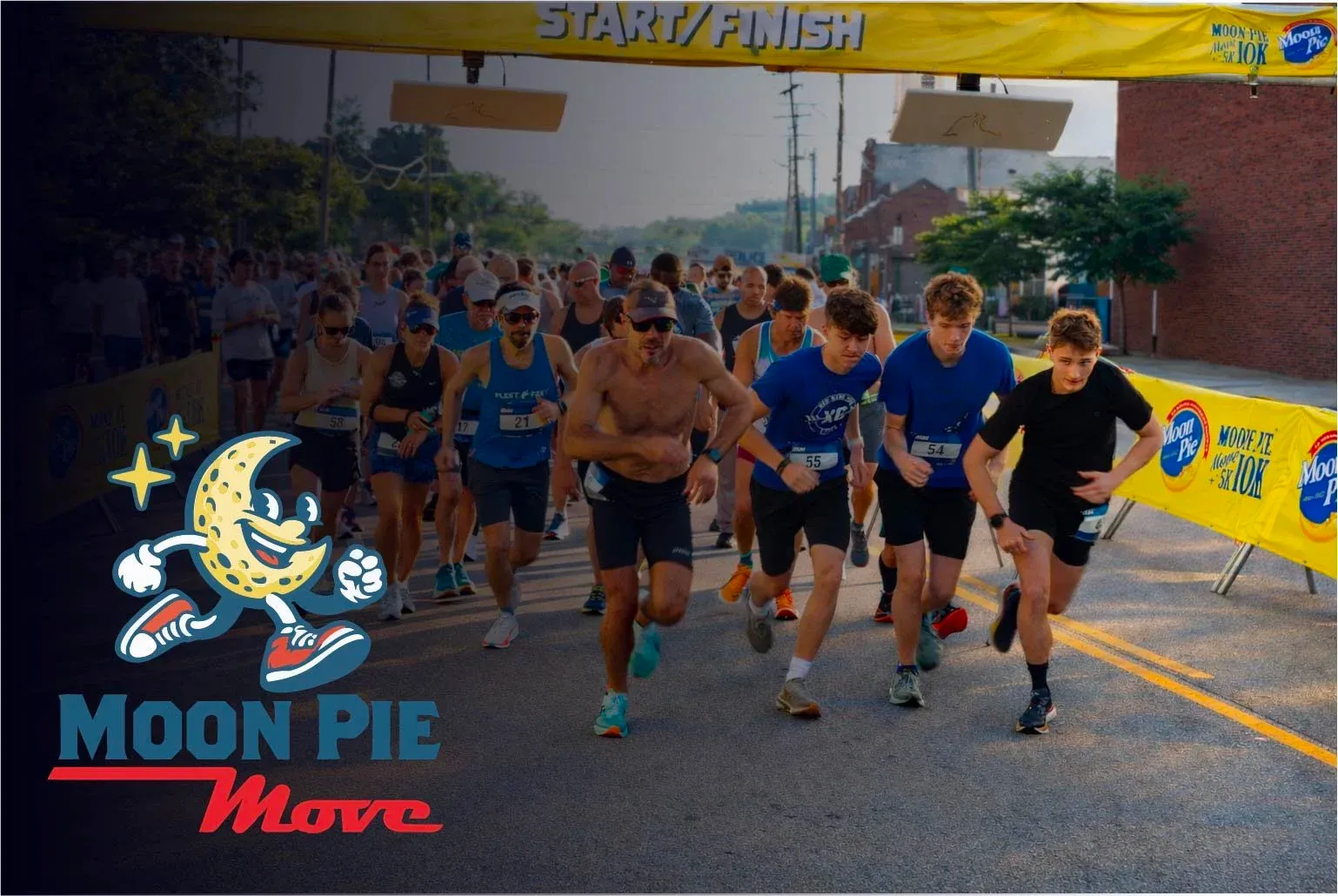 Runners starting a race under a START/FINISH banner, with the Moon Pie mascot visible on the left.
