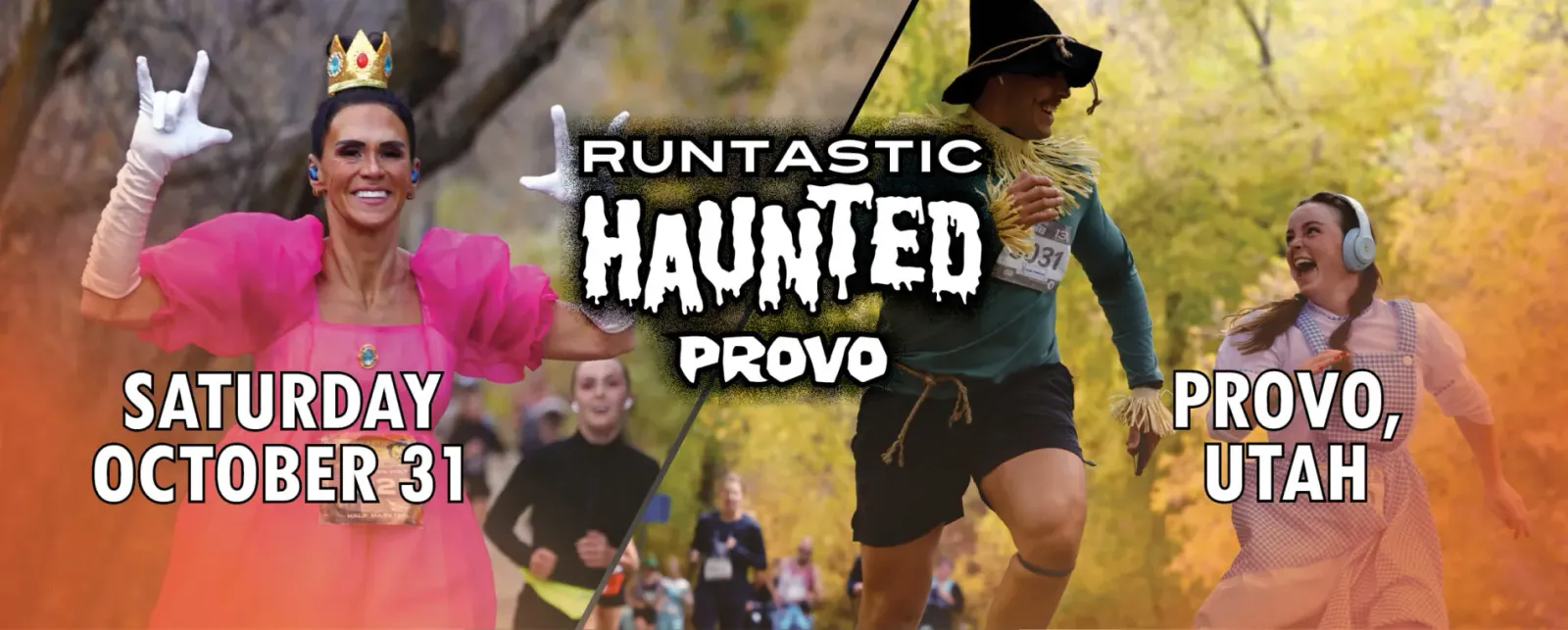 Runners in costumes, including a princess and a scarecrow, participating in the Runtastic Haunted Provo race on Saturday, October 31st in Provo, Utah.