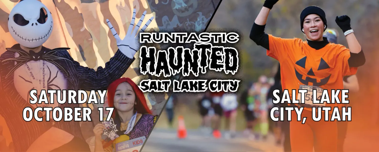 Runners in Halloween costumes celebrate at the Runtastic Haunted Salt Lake City race, with one runner in a Jack Skellington costume and another in a pumpkin shirt.
