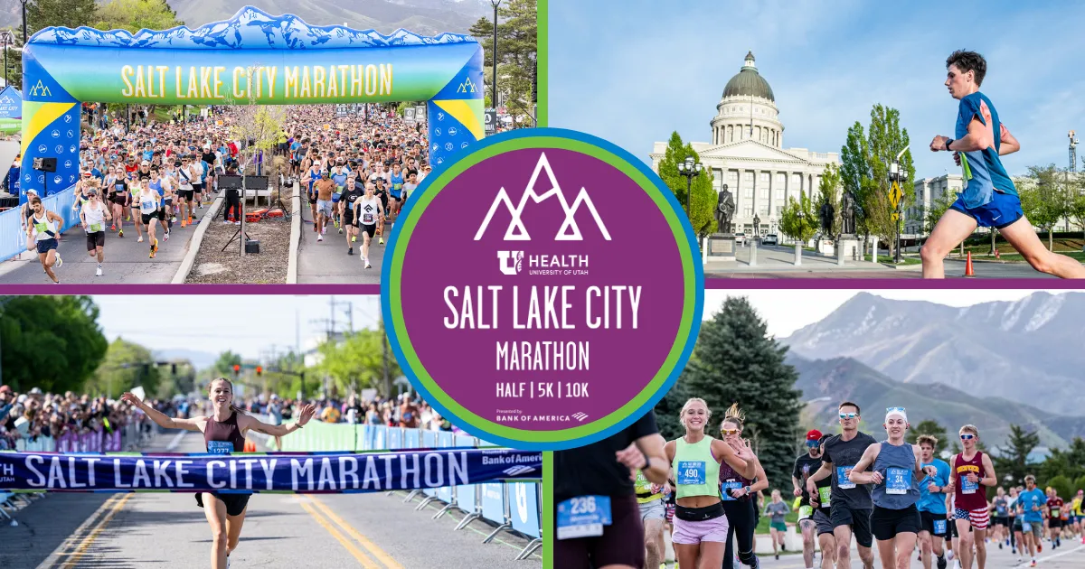 Collage of images from the Salt Lake City Marathon, showing runners at the start line, a runner in front of the Utah State Capitol, a runner crossing the finish line, and a group of runners on the course.