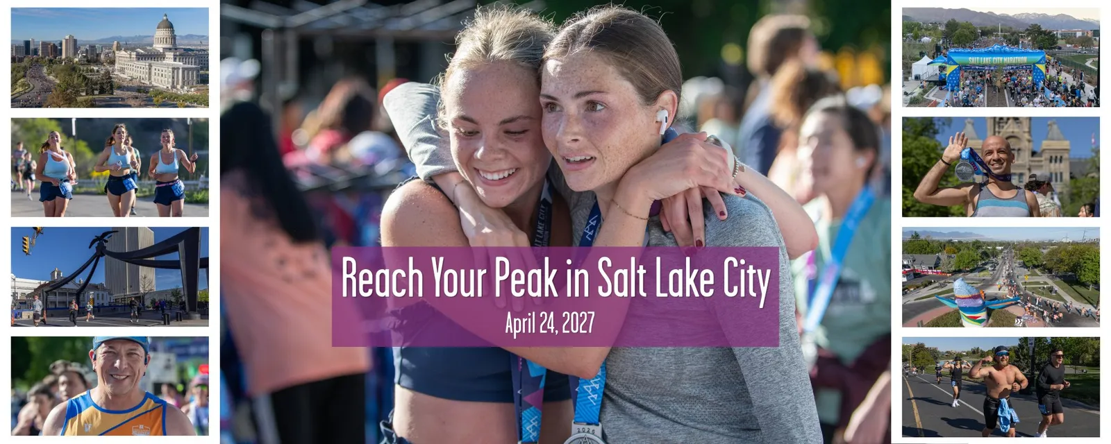 Two female runners embracing and smiling, with the text "Reach Your Peak in Salt Lake City" overlaid.