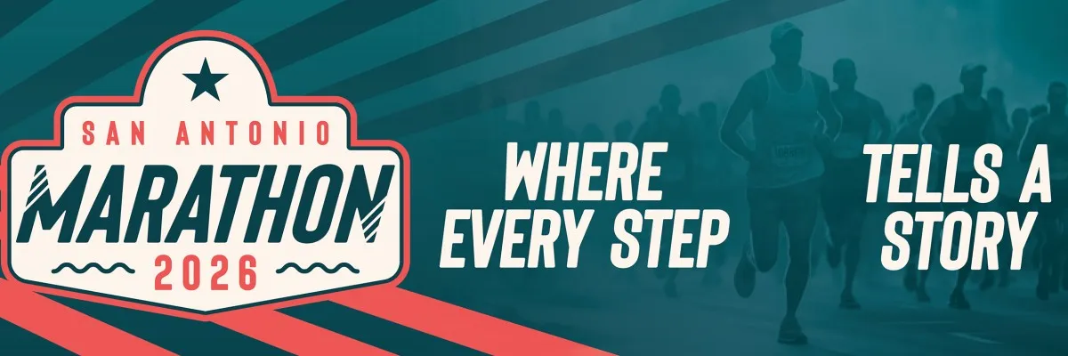 Runners in a race with the San Antonio Marathon logo and the text 'Where Every Step Tells A Story'.
