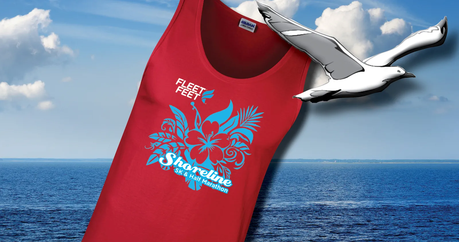 Red race shirt with 'Shoreline 5K & Half Marathon' logo superimposed over a scenic waterfront view with a sky and clouds.