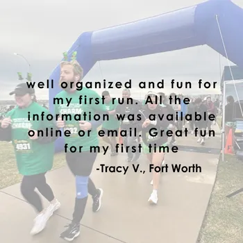 Runners crossing the start line at the Spooky Sprint Cincinnati race, with a testimonial overlay that reads 'well organized and fun for my first run. All the information was available online or email. Great fun for my first time -Tracy V., Fort Worth'.