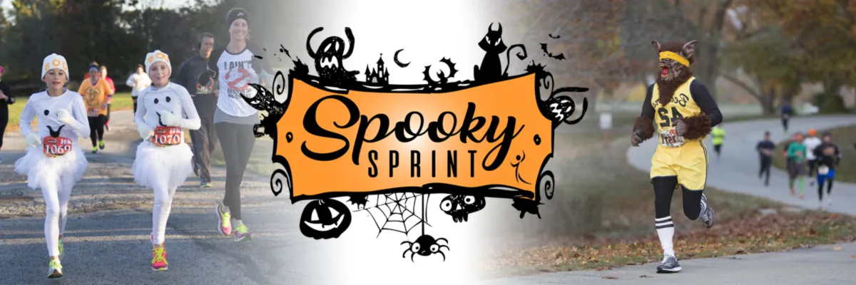 Runners in Halloween costumes, including ghosts and a werewolf, participating in the Spooky Sprint race.