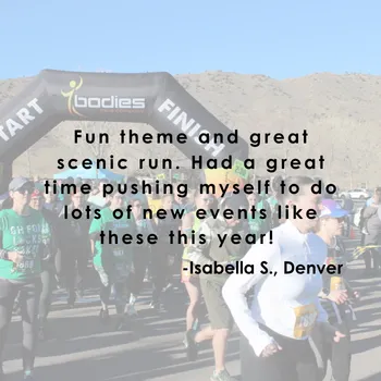 Runners at the start line of a race, with a large inflatable archway and mountains in the background. Text overlay includes a testimonial about the race.