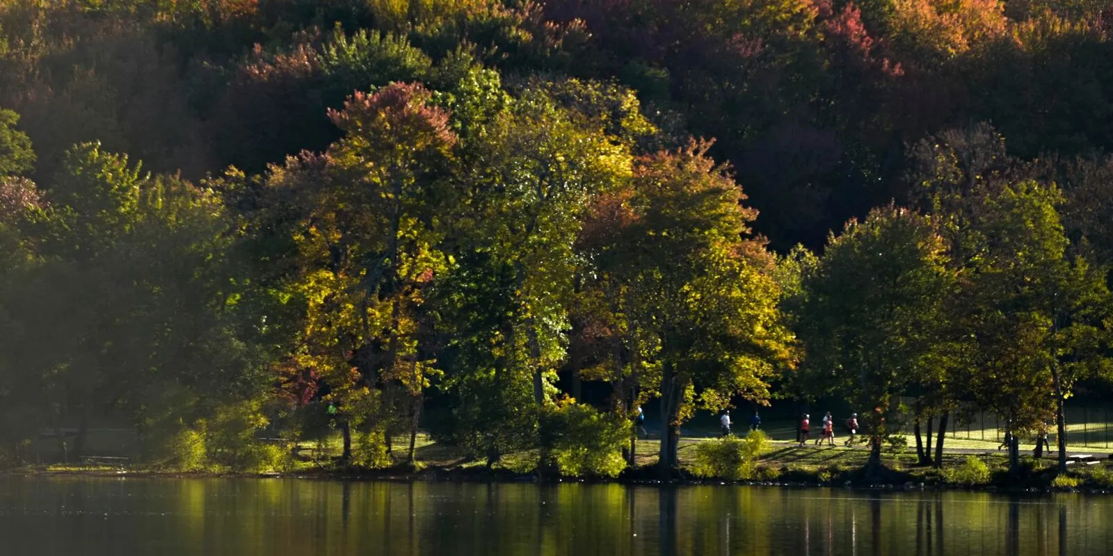 Runners on a path by a lake with colorful autumn trees.