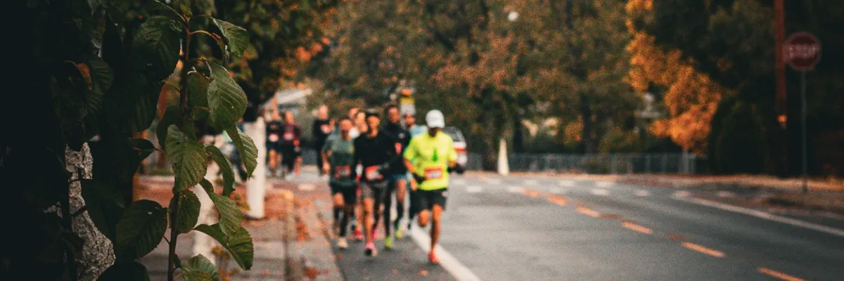 Runners on a road during a race, with trees in autumnal colors in the background.