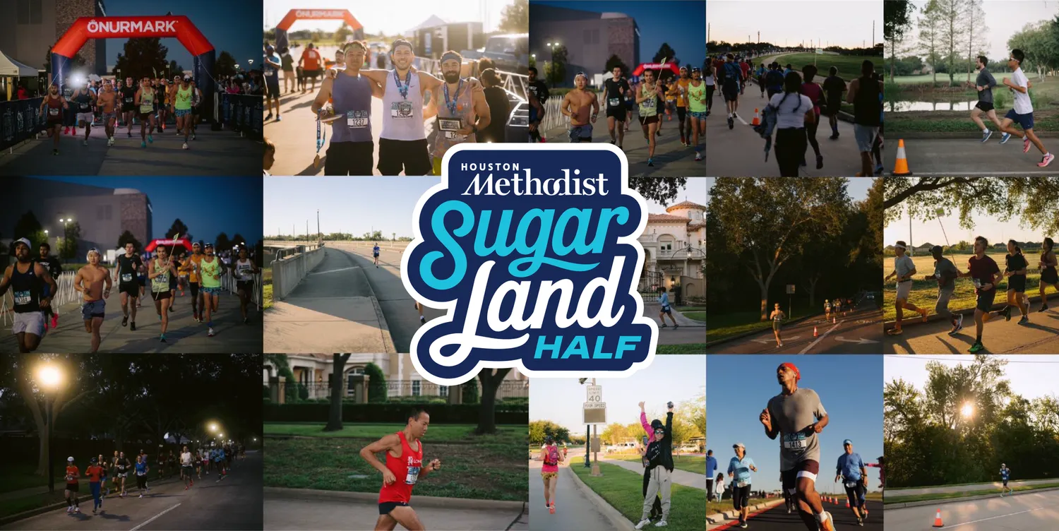 Collage of photos from the Sugar Land Half Marathon, showing runners at the start line, on the course, and celebrating.
