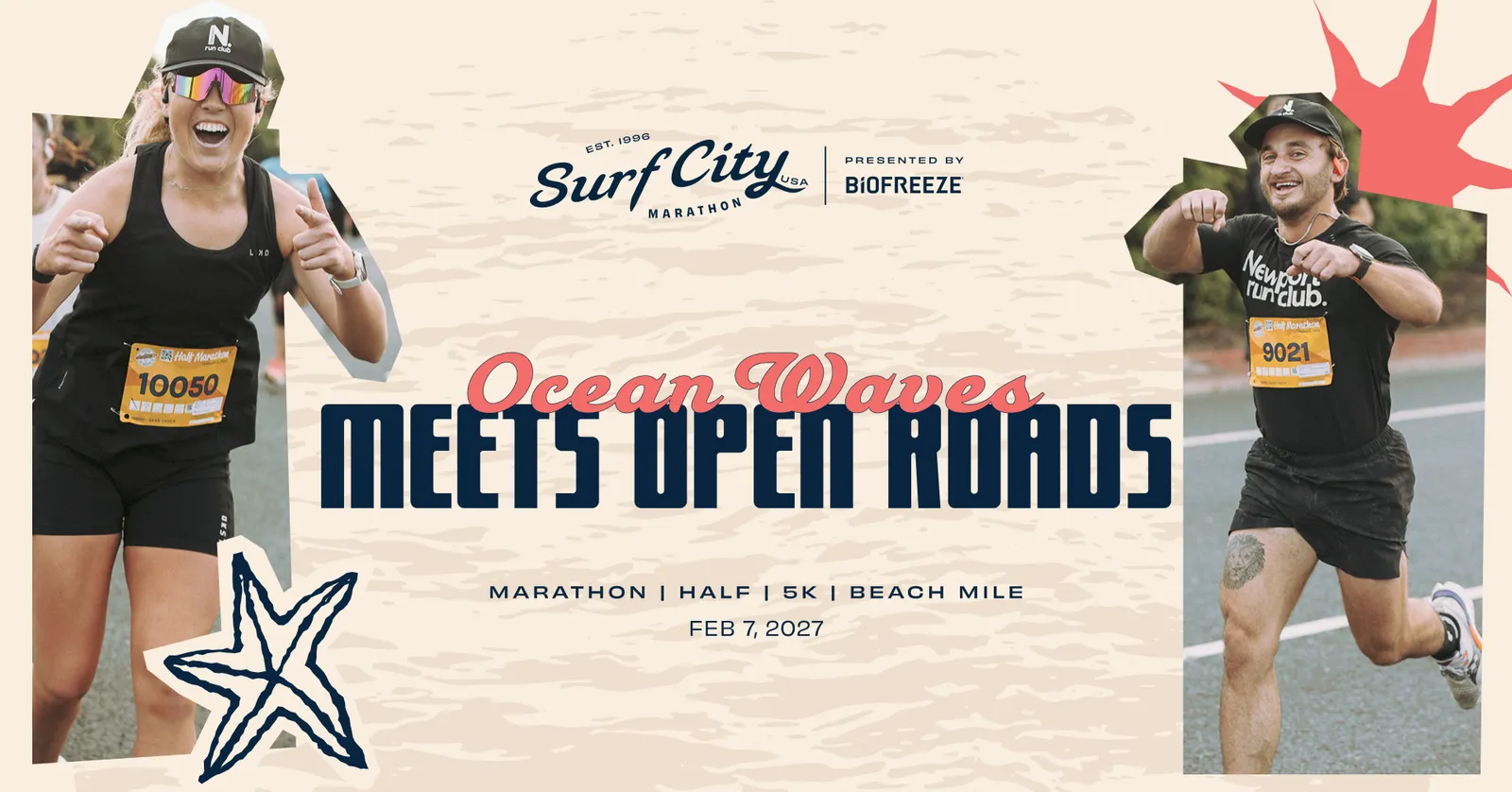 Two runners, one female on the left and one male on the right, are shown in action with excited expressions. The image includes race branding and the text "Ocean Waves Meets Open Roads" along with race details.