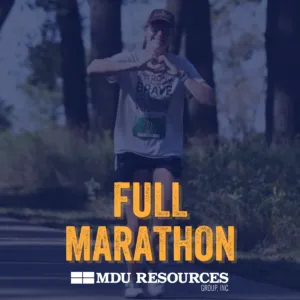 Runner making a heart shape with their hands while running, with 'FULL MARATHON' text overlay.