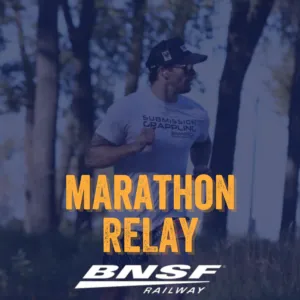 Runner participating in the Marathon Relay, with BNSF Railway logo visible.