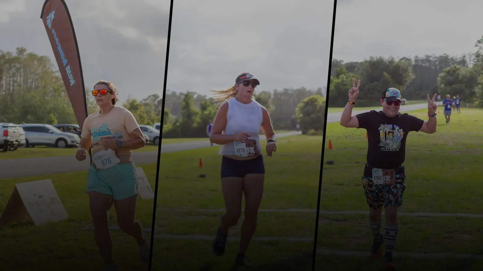 Three runners participating in the Florida Run, with one celebrating at the finish line.