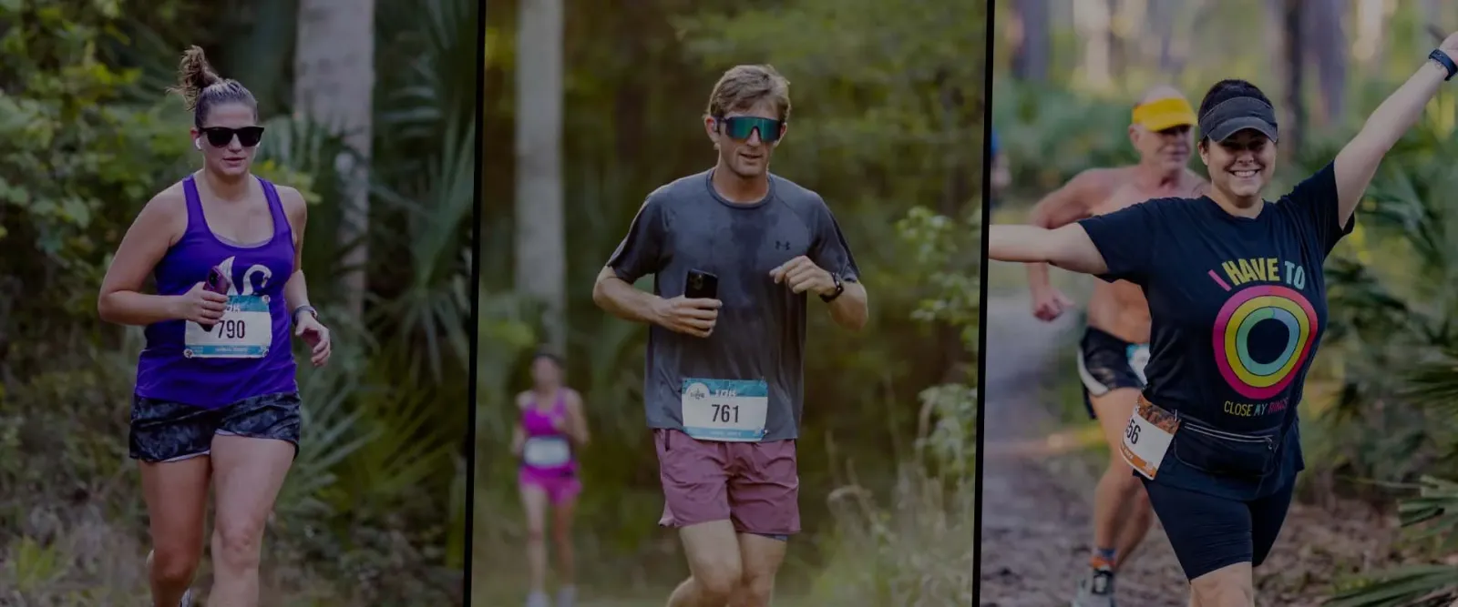 Three runners on a wooded course, two women and one man, all in motion.