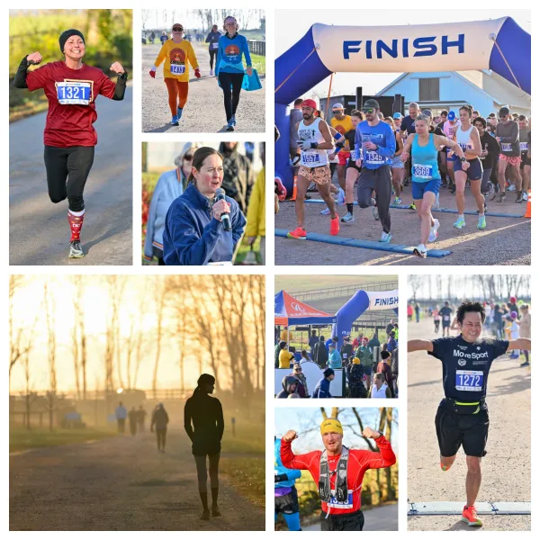 Collage of photos from a half marathon, 10k, and 5k race, showing runners celebrating, at the finish line, and in action.