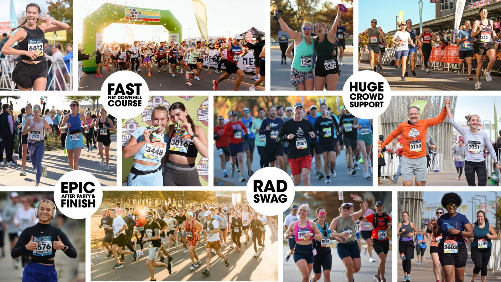 Collage of photos from the Good Life Halfsy race, showing runners celebrating, crossing the finish line, and crowd support.
